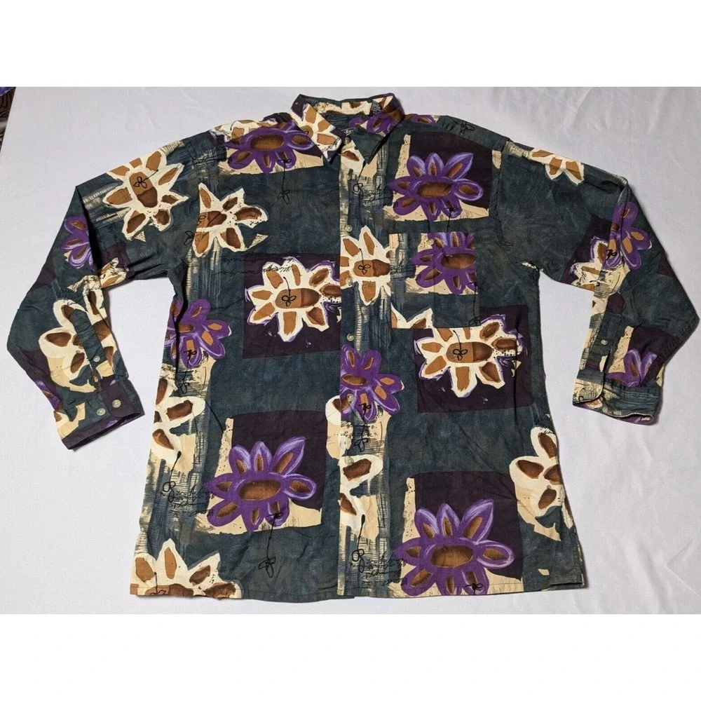 ENRICO SARCHI‎ Men Large Green Purple Floral AOP Cotton Button-Up Shirt